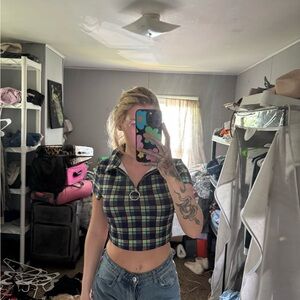 SHEIN Blue and White Fitted Crop Polo Button Down